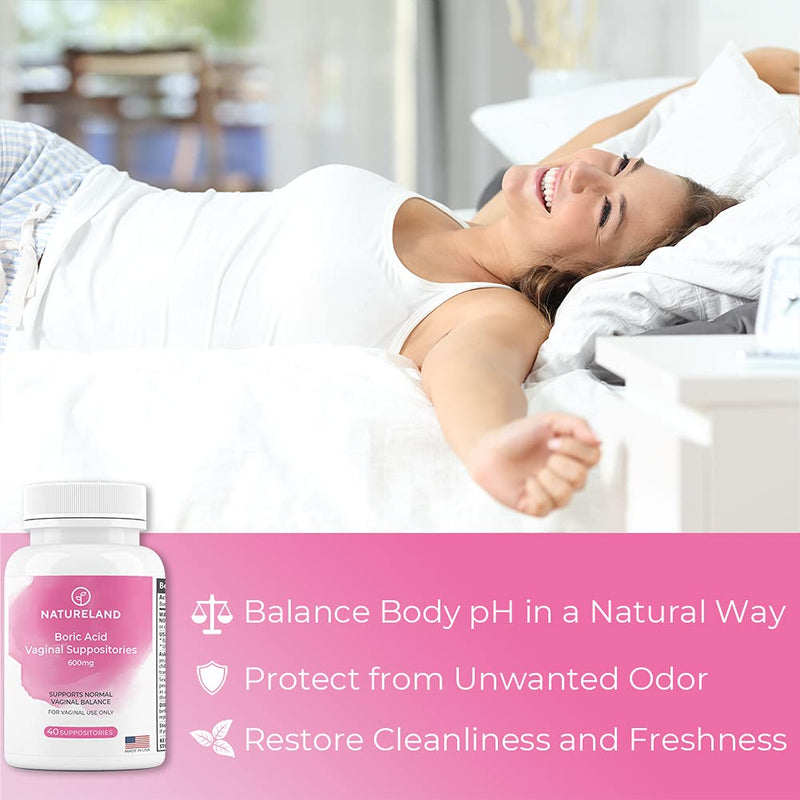 [Australia] - NATURELAND 40 Count, 600mg Boric Acid Vaginal Suppositories, Made in USA, Restore pH Balance and Reduce Dryness, Odors, Itchiness, and Discharge, Support Intimate Health (40 Count (Pack of 1)) 