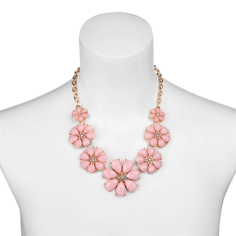 [Australia] - Lux Accessories Pave Flower Bib Statement Floral Chain Necklace Gold Baby Pink 