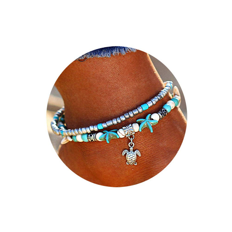 [Australia] - Softones Blue Starfish Turtle Anklet Multilayer Charm Beads Sea Handmade Boho Anklet Foot Jewelry for Women Girl A:Turtle 1 