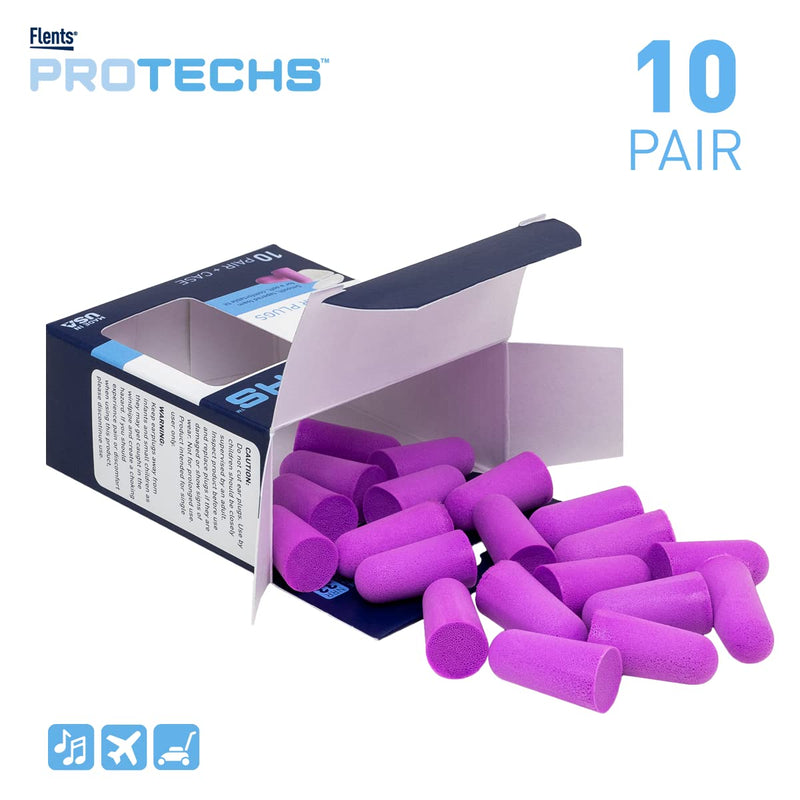 [Australia] - Flents Foam Ear Plugs, 10 Pair with Case for Sleeping, Snoring, Loud Noise, Traveling, Concerts, Construction, & Studying, NRR 33, Purple, Made in the USA 10 Count (Pack of 1) 