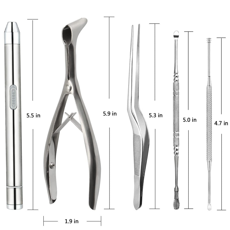 [Australia] - Earwax Removal Kit 5 Pcs, Ear Wax Cleaning Tool Set, Ear Pick with LED Light USB Charging, Stainless Steel Ear Curette, Earwax Tweezer, Ear Canal Dilator, Ear Wax Remover Tool with Storage Box 