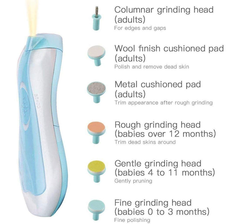 [Australia] - Electric Baby Nail File with Light, Safe Baby Nail Trimmer Clipper - Electric Nail Clippers Kit with 6 Grinding Heads for Newborn Infant Toddler Kids Toes and Fingernails 