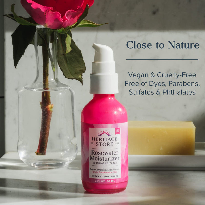 [Australia] - Heritage Store Rosewater Facial Moisturizer, Soothing Gel Cream for Dry Skin to Combination Skin, with Rose Complex, Niacinamide & Hyaluronic Acid, Vegan, Paraben Free & Cruelty Free, 2oz 