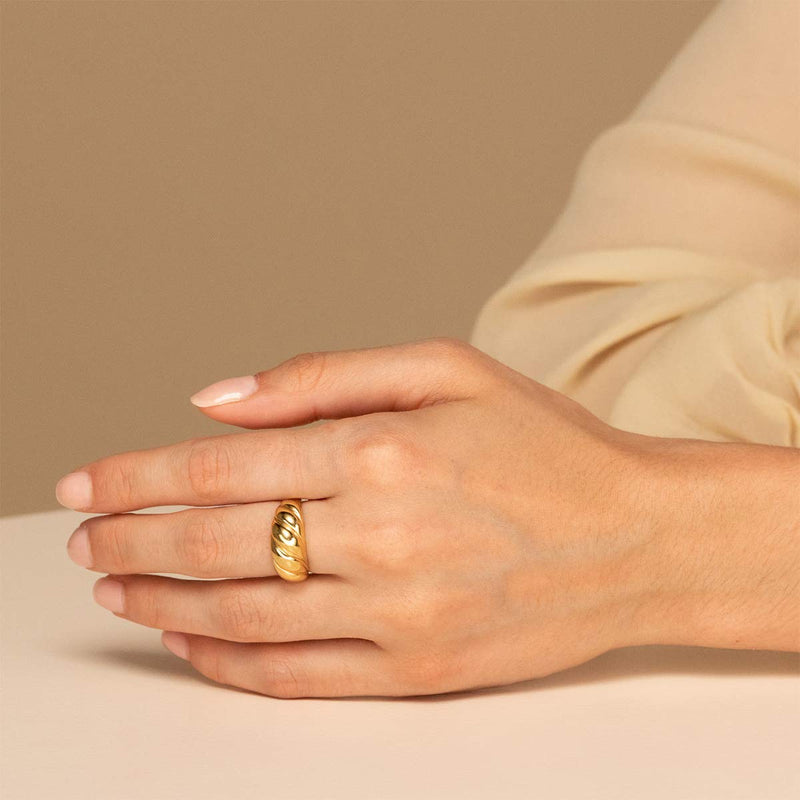 [Australia] - JINEAR 18k Gold Plated Croissant Braided Twisted Signet Chunky Dome Ring Stacking Band for Women Jewelry Minimalist Statement Ring Size 5 to 10 gold croissant 