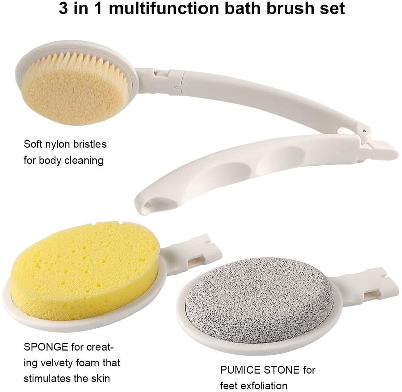 [Australia] - LFJ Bath Brush, 3 in 1 Foldable Long Handle Body Back Scrubber with Brush Sponge Pumice Head for Shower, Exfoliating or Dry Skin Brushing Nylon Bristle 