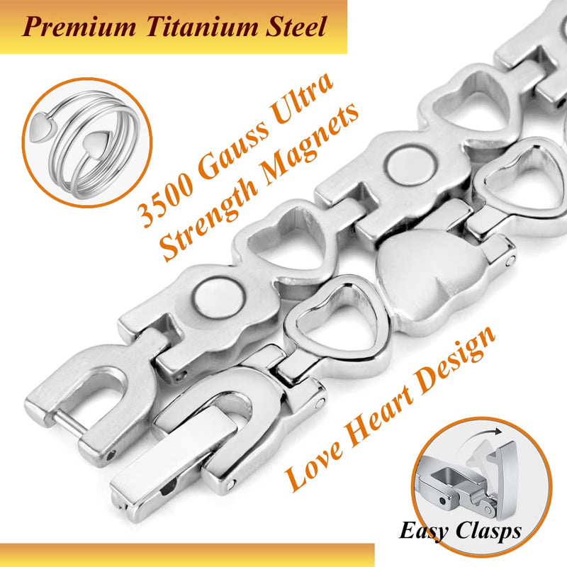 [Australia] - Vicmag Magnetic Bracelets for Women, Titanium Steel Magnet Brazaletes, 3500 Gauss Magnets Gift with Removal Tool (Love Heart Design for Ladies) Silver 