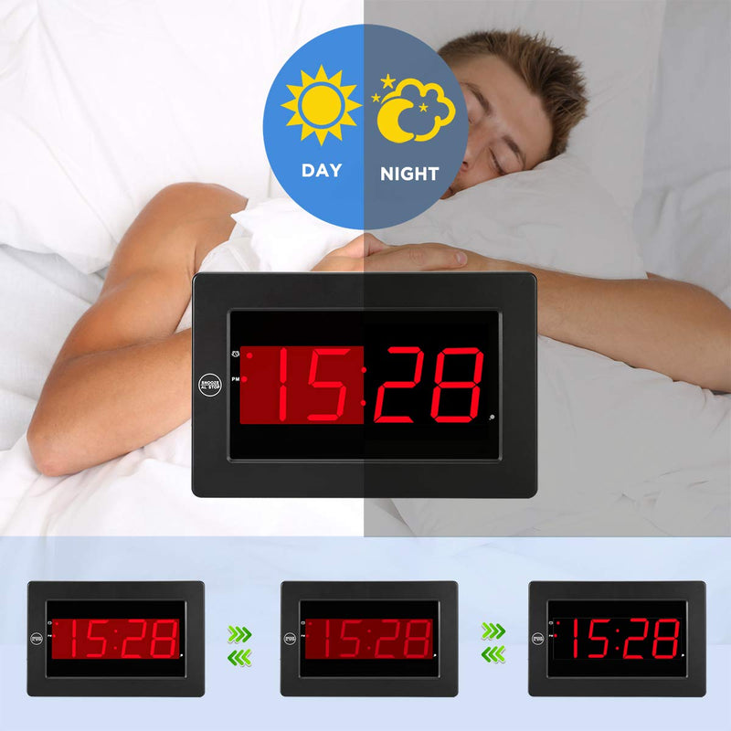 [Australia] - Timegyro Digital Wall Clock LED Alarm Clock Battery Powered Only with Snooze,12/24H,Auto Dim,Brightness Adjustable Functions(Black) 
