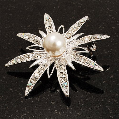 [Australia] - Avalaya Bridal Crystal Simulated Pearl Star Brooch (Silver Tone) 