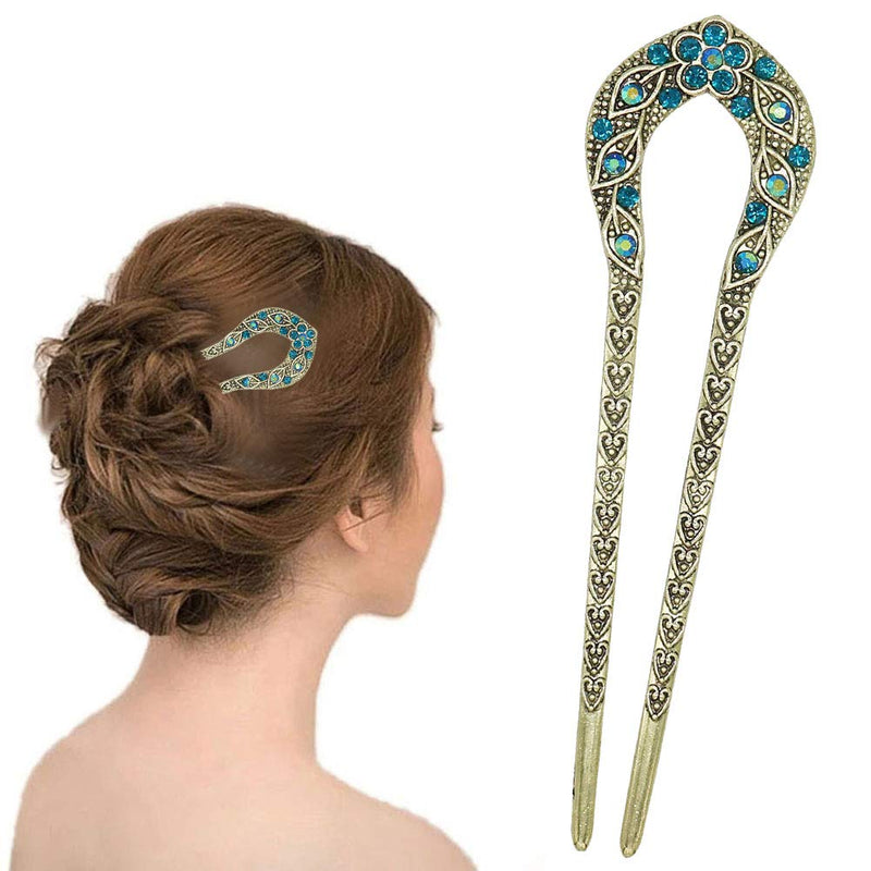[Australia] - 2 Pcs Vintage Hair Stick, Crystal Rhinestone Double Prong Hair Pin Stick Hairstyle Chignon Hairpin 