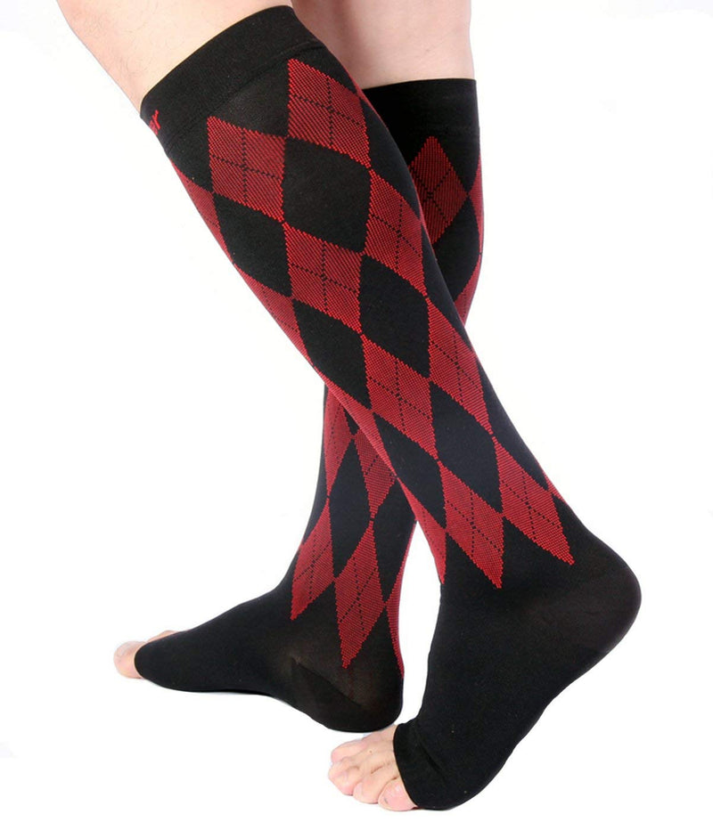 [Australia] - Doc Miller Open Toe Compression Socks Women 20-30mmHg, 1 Pair Toeless Socks for Women and Men - Argyle Design X-Large Red.black Open Toe 