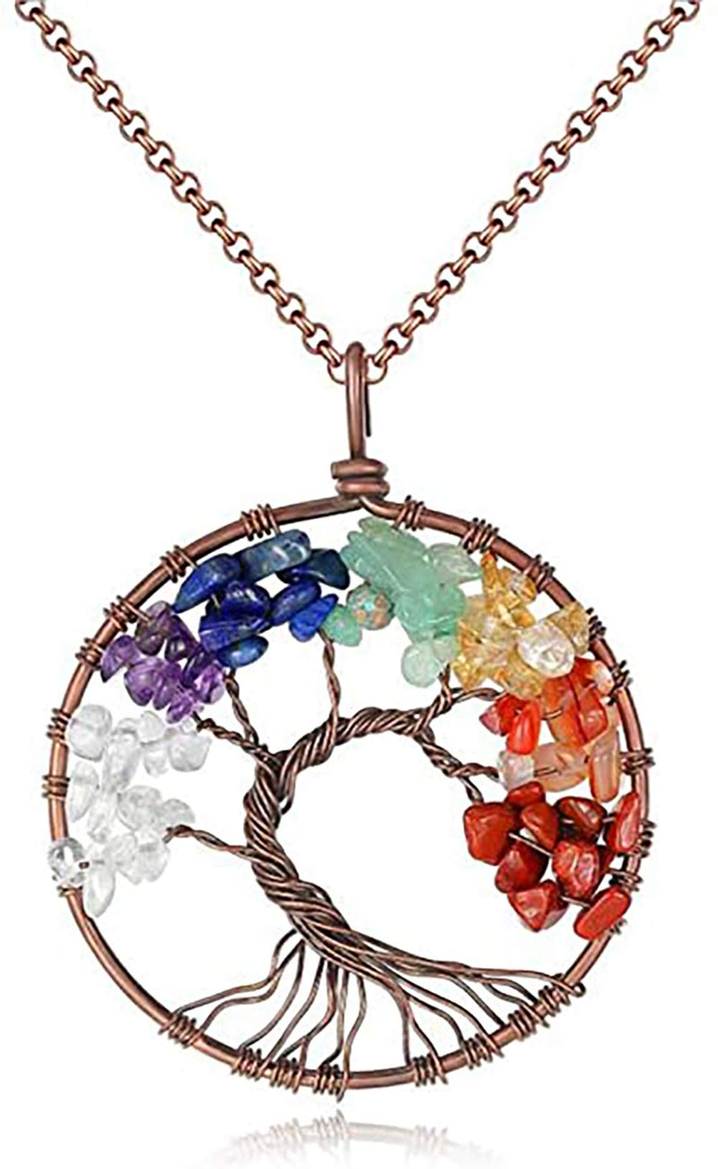 [Australia] - GUAGLL Tree of Life Crystal Pendant Necklace 7 Color Tumble Stone Exquisite Tree of Wisdom Ancient Copper Necklace 