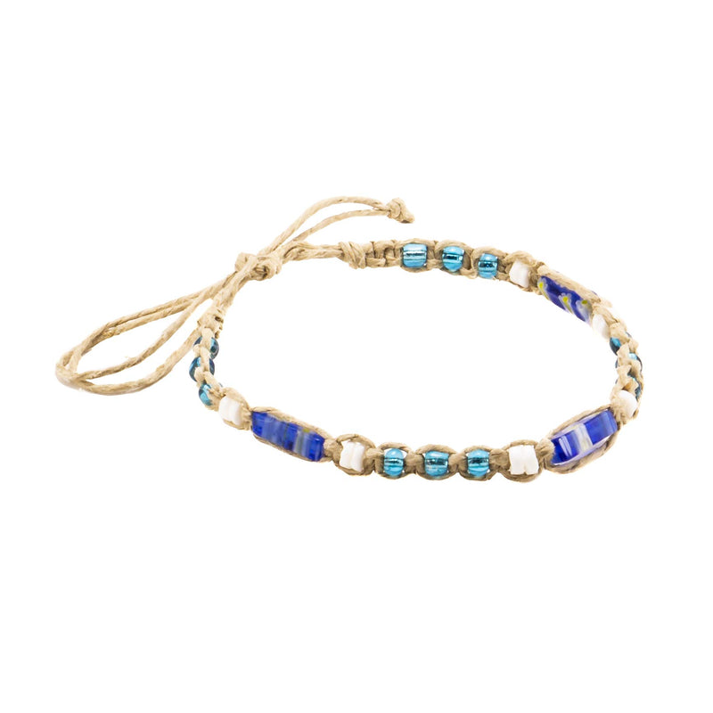 [Australia] - BlueRica Hemp Anklet Bracelet with Puka Shell Beads & Dark Blue Murano Glass Tubes 