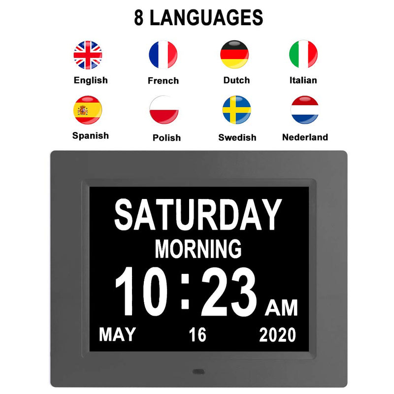 [Australia] - 2022 Upgrade 8 Inch Digital Day Calendar Clock -8 Alarm , Auto-Dimming,12/24H, Extra Large Day Date Time of Week, Dementia, Memory Loss,Impaired Vision Clock for Seniors/Elderly, Alzheimer's(Black) 