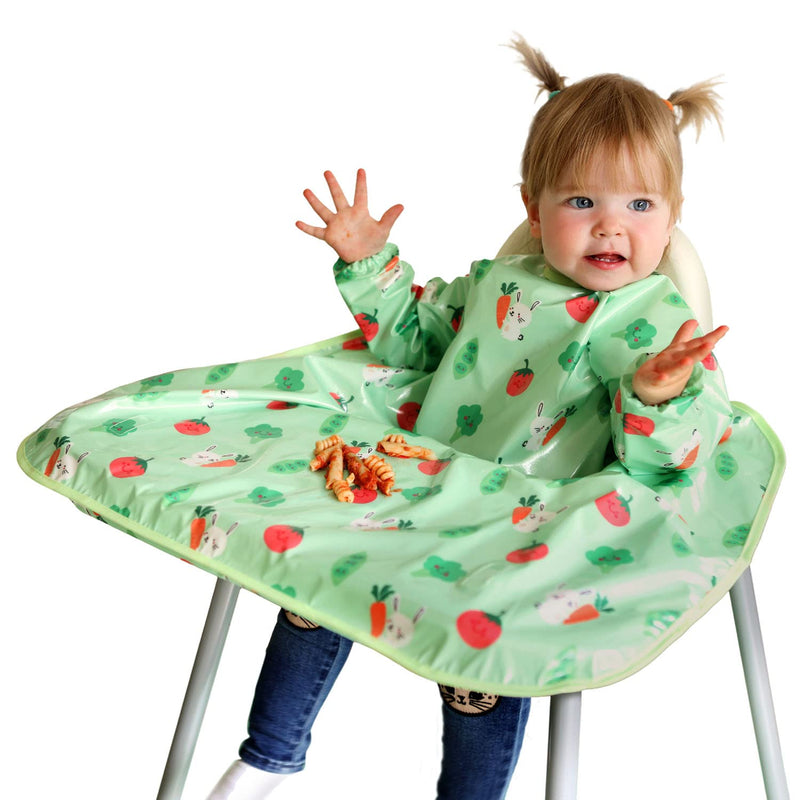 [Australia] - Bibetta Wipeezee XL Coverall Weaning Bib - Baby Bib with Sleeves - Wipe Clean Coverall Bib for Baby and Highchair Baby Led Weaning Unisex for Babies and Toddlers 6 Months +… Green - Bunny & Veg 