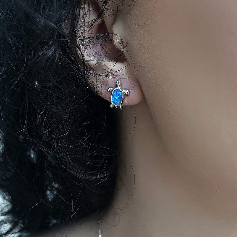 [Australia] - FANCIME October Birthstone 925 Sterling Silver Sea Turtle Necklace/Stud Earrings Created Blue/White Fire Opal Pendant Fine Jewelry for Women Blue Turtle Earrings 