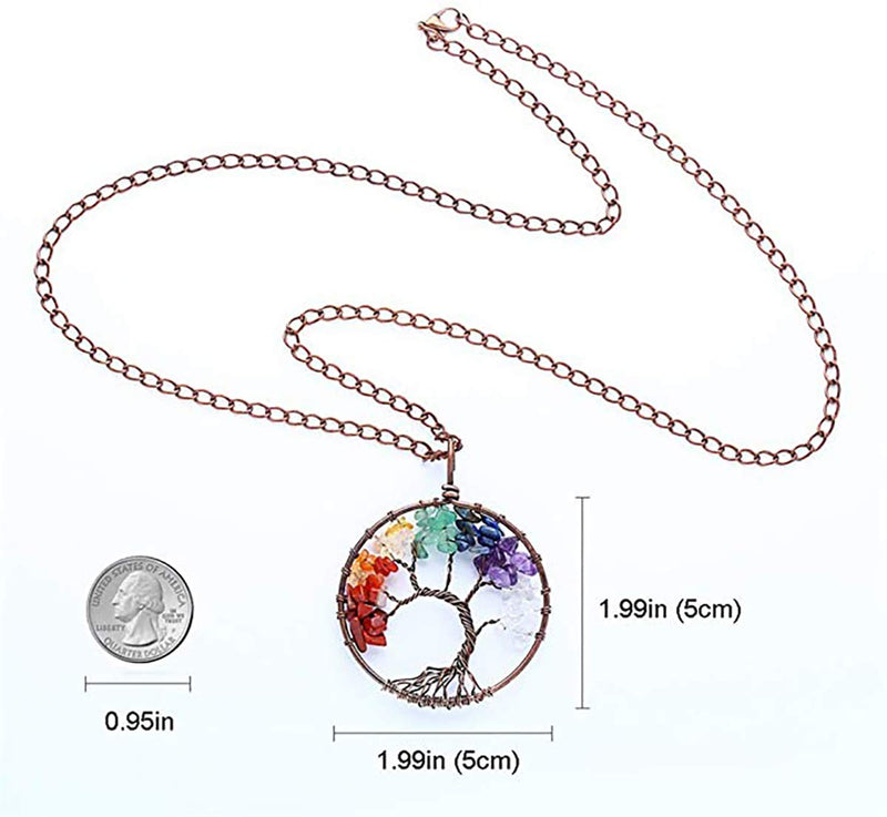 [Australia] - GUAGLL Tree of Life Crystal Pendant Necklace 7 Color Tumble Stone Exquisite Tree of Wisdom Ancient Copper Necklace 