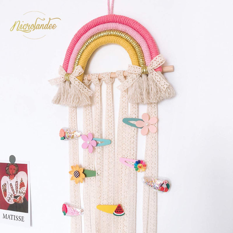 [Australia] - NICROLANDEE Rainbow Tassels Hair Bows Holder Hanging - Baby Hair Accessories Storage Headband Holder Hair Clips Organizer Wall Hanger Decor for Baby Girls Room Ornament (Pink Yellow) Pink Yellow 