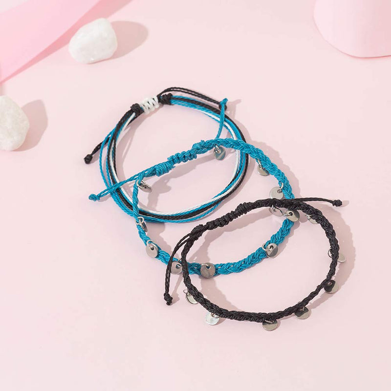 [Australia] - FANCY SHINY String Ankle Bracelets Waterproof Rope Anklets Braided Beach Boho Coin Anklets Cute Friendship Foot Jewelry for Women Teen Girls Black Blue Disc 