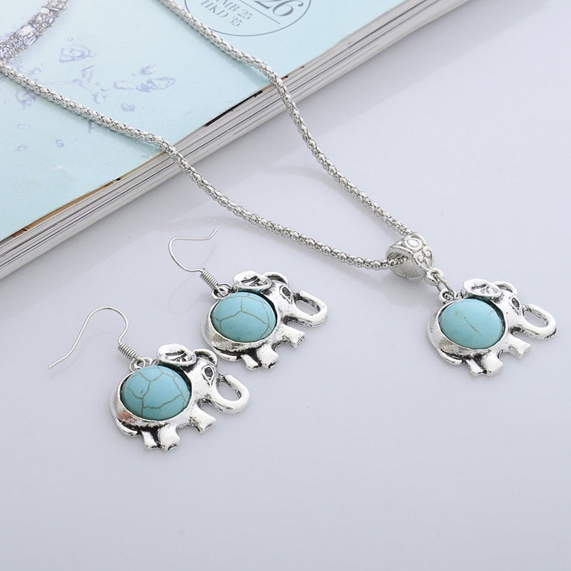 [Australia] - JewelleryClub Turquoise Jewelry Set Antique Silver Plated Elephant Necklace and Earrings Sets for Women 