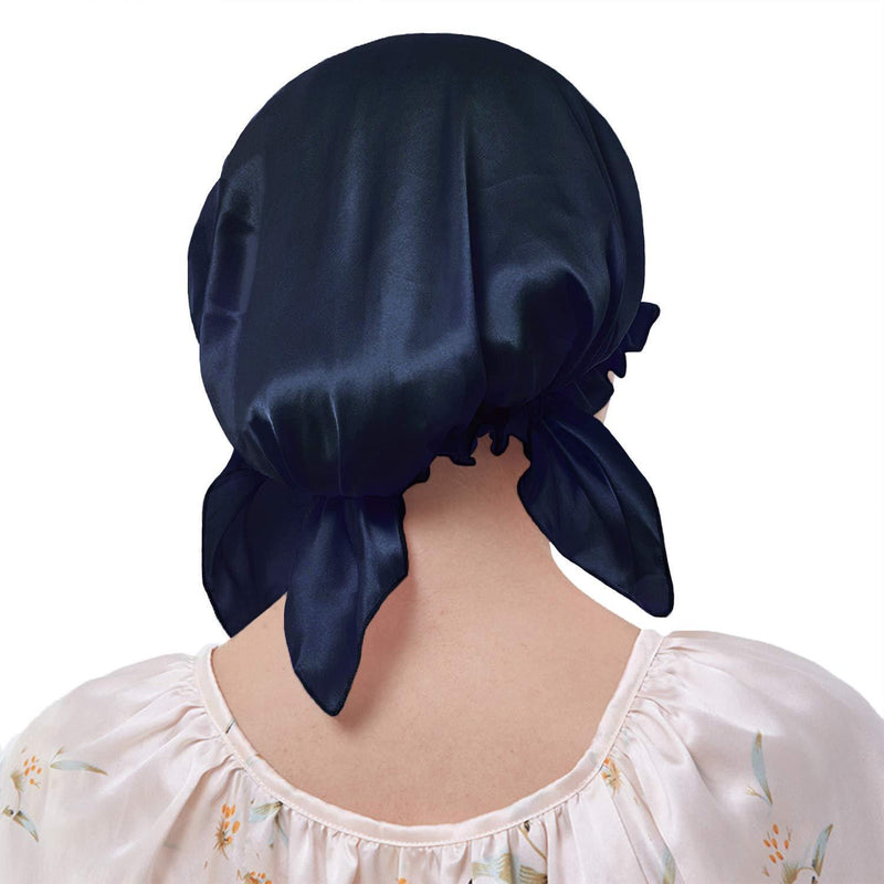[Australia] - Everkeen 100% Mulberry Silk Night Sleep Cap for Women Hair Beauty Bonnet Sleeping Hat with Adjustable Elastic Ribbon Navy 