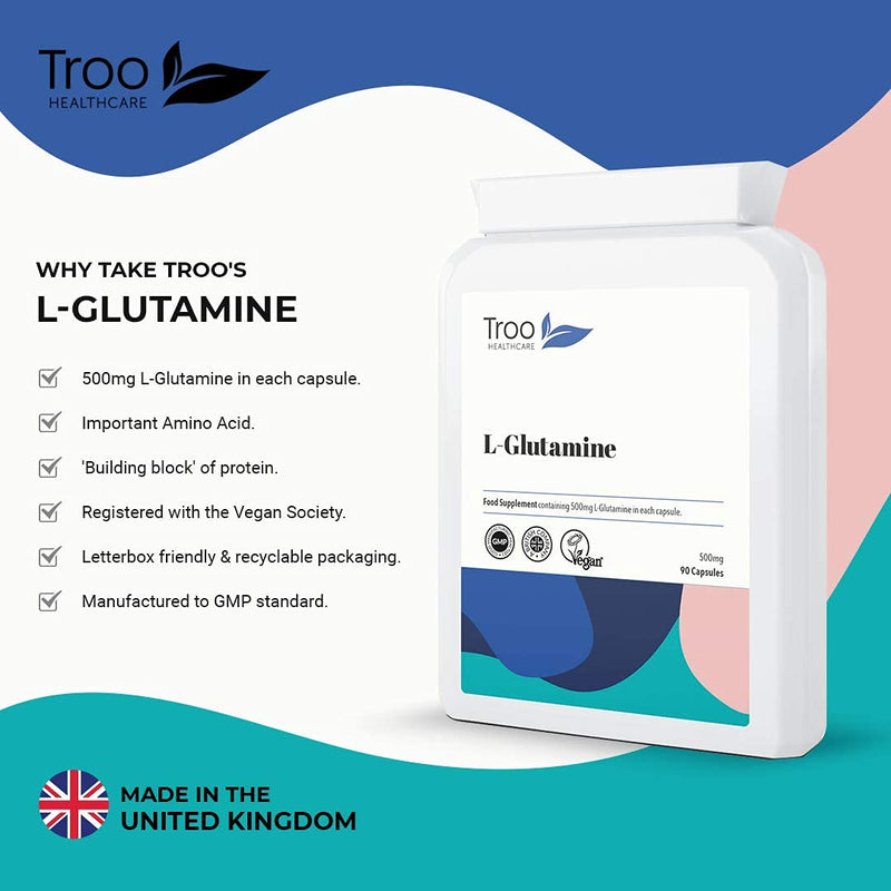 [Australia] - L-Glutamine Supplement (500mg) - 90 High Strength Capsules - Targeted Release Amino Acid Supplement| UK Manufactured to GMP Standards 