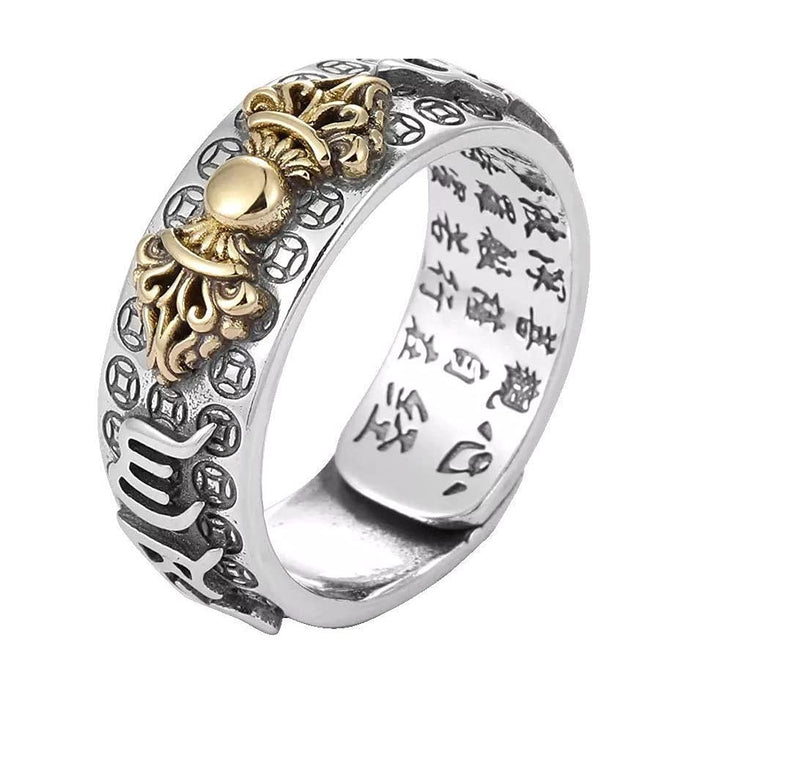 [Australia] - 6 Pcs Pixiu Charms Ring Feng Shui Amulet Open Adjustable Ring Buddhist Mani Mantra Protection Wealth Ring Wealth Religious Lucky Jewelry 