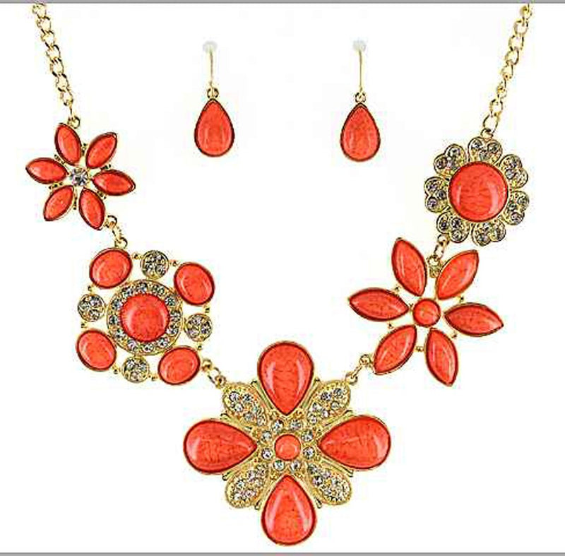 [Australia] - Jewelry Nexus Designer Flower Gold-Tone Chain Necklace Set Matching Earrings Coral 