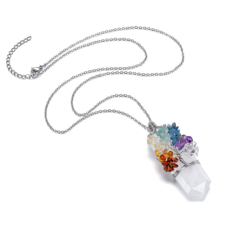 [Australia] - JOVIVI Clear Quartz Tree of Life 7 Chakra Healing Stone Crystal Pendant Necklace Necklace for Women Jewellery Gifts 
