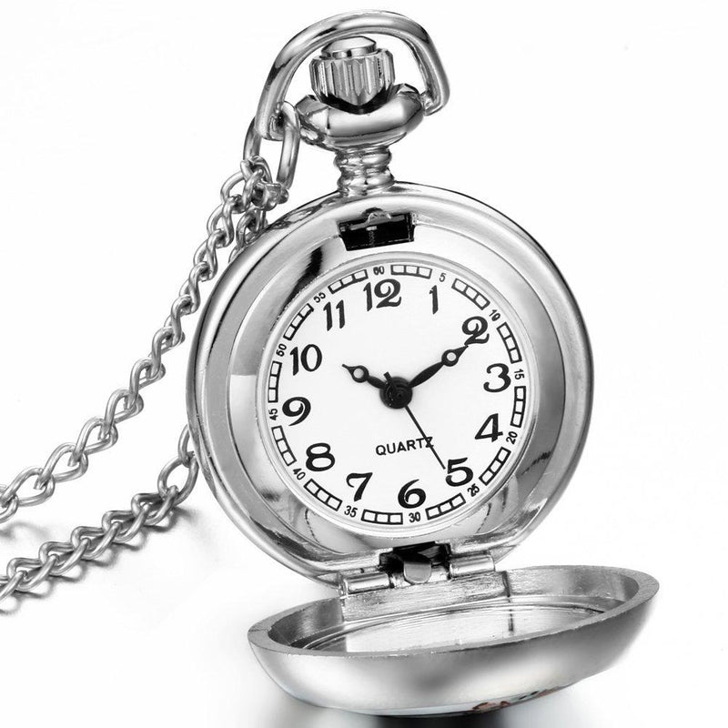 [Australia] - JewelryWe New Skull and Flower Print Quartz Pocket Watch Pendant Necklace White Dial Arabic Numerals with 31.5" Chain, with Gift Bag 