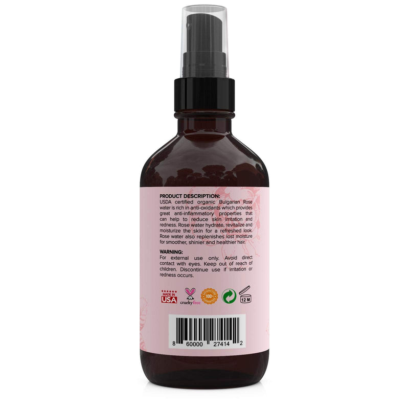 [Australia] - Rose Water for Face & Hair, USDA Certified Organic Facial Toner. Alcohol-Free Makeup Setting Hydrating Spray Mist. 100% Natural Anti-Aging Petal Rosewater by Simplified Skin (4 oz) - 1 Pack 4 Fl Oz (Pack of 1) 