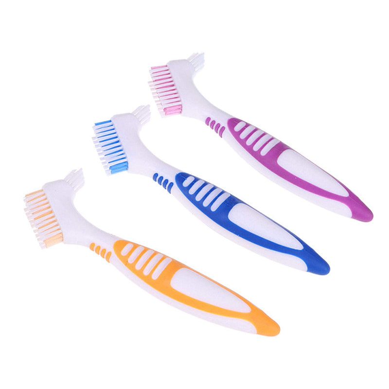 [Australia] - Premium Denture Cleaning Brush Set with Multi-Layered Bristles & Ergonomic Rubber Handle, Portable Denture Double Sided Brush for False Teeth Cleaning, 3 Pieces (Blue, Orange, Purple) 