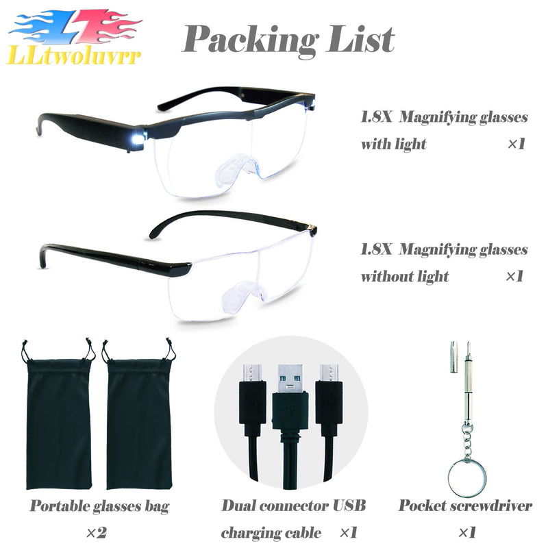 [Australia] - Magnifying Glasses with Light, LED Rechargeable Head Magnifier Glasses, Anti-blue light 180% Magnification with Dual LED Lights, Hands Free Magnifying Eyeglass for Reading, Close Work and Craft(Black) 