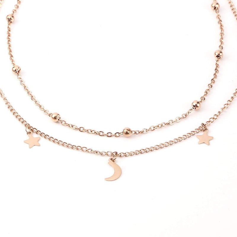 [Australia] - BaubleStar Star Moon Charm Necklace Layering Chain Choker for Women Girls Titanium Steel/Rose Gold 