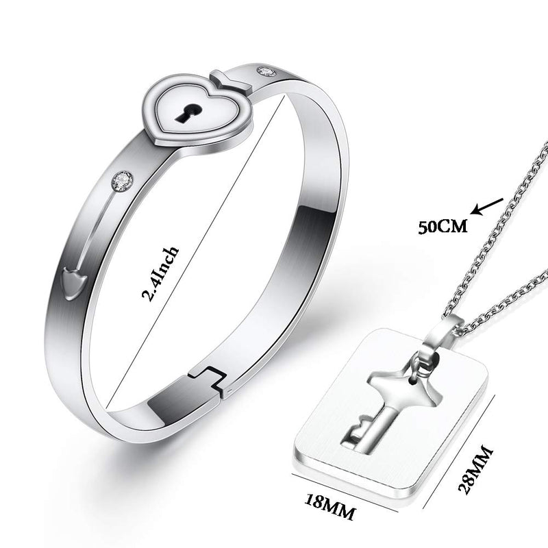 [Australia] - His Hers Love Heart Key Lock Bangle Bracelet Tag Pendat Necklace Set in a Gift Box large size 