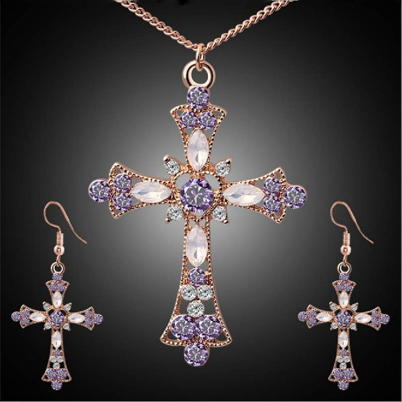 [Australia] - Crystal Cross Pendant Chain Necklace Dangle Drop Hook Earring Set God We Trust Charm Flower Protein Horse Eye Crystal Cross Necklace Jewelry Suit Gift Women Girl Rose gold purple crystal cross set 