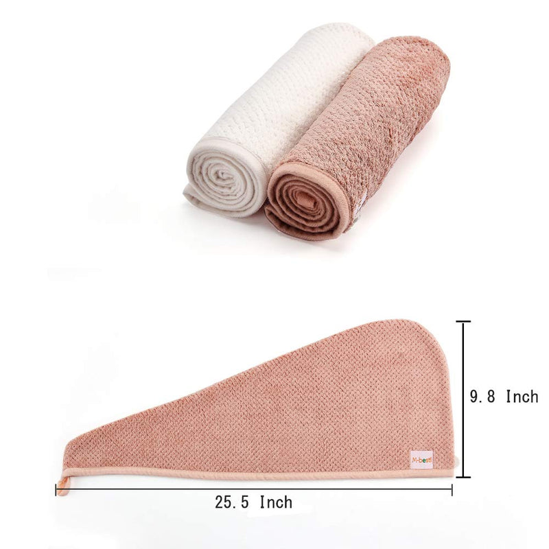 [Australia] - 2 Pack Hair Towel Wrap,Hair Drying Towel with Button, Microfibre Hair Towel, Dry Hair Hat, Bath Hair Cap (Pink&Beige) Pink&beige 