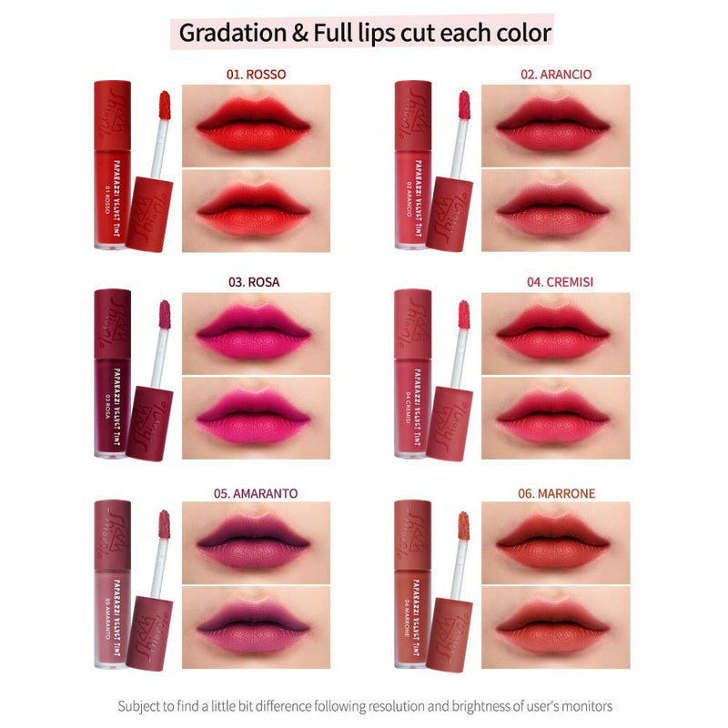 [Australia] - SHIONLE - Paparazzi Velvet Tint: Long Lasting Lip Stain with Moisturizing effects | Wrinkle Coverage | Gradation Look | Available in 6 Colors | 01 Rosso | 4.5g 