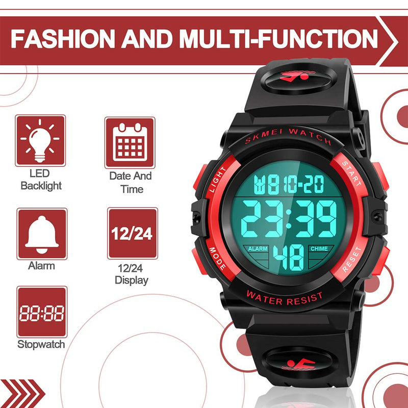 [Australia] - Dodosky Boy Toys Age 5-12, LED 50M Waterproof Digital Sport Watches for Kids Birthday Presents Gifts for 5-12 Year Old Boys - Red 