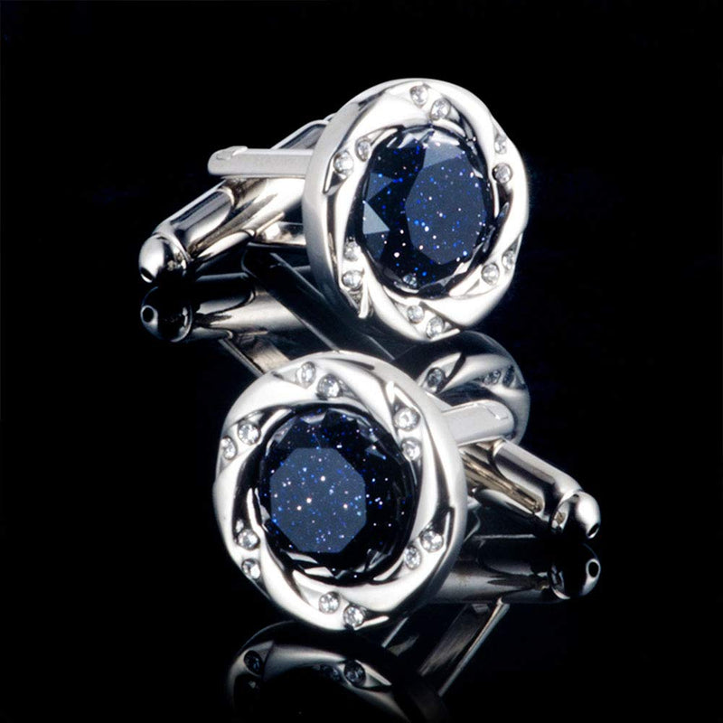 [Australia] - BagTu Crystal Galaxy Cufflinks and Tie Clip Set with Gift Box and Greeting Card, Round Dark Blue Cufflinks and Tie Clip Gift Set for Men 