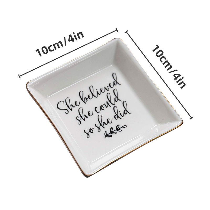 [Australia] - MJartoria Ceramic Jewelry Dish Tray, Square Ring Tray for Jewelry, Trinket Tray with Lettered Jewelry Dish Holder Decor Gifts for Her (She Believed She Could So She Did) White-believe 