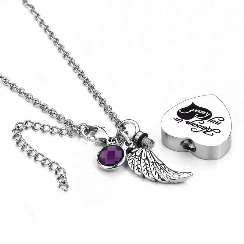 [Australia] - LoEnMe Jewelry Urn Necklace for Ash Cremation Pendant Birthstone Love Crystal with Angel Wing for Mother's Day February Wing with Purple Crystal 