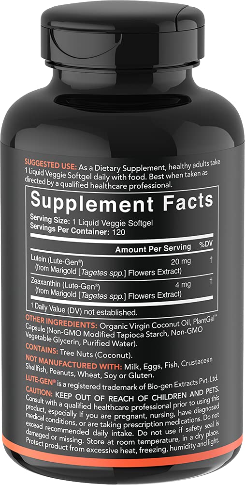 [Australia] - Vegan Lutein + Zeaxanthin (20mg) with Organic Coconut Oil for Better Absorption ~ Supports Vision & Eye Health ~ The ONLY Vegan Certified & Non-GMO Verified Lutein Available (120 Softgels) 120 Count (Pack of 1) 
