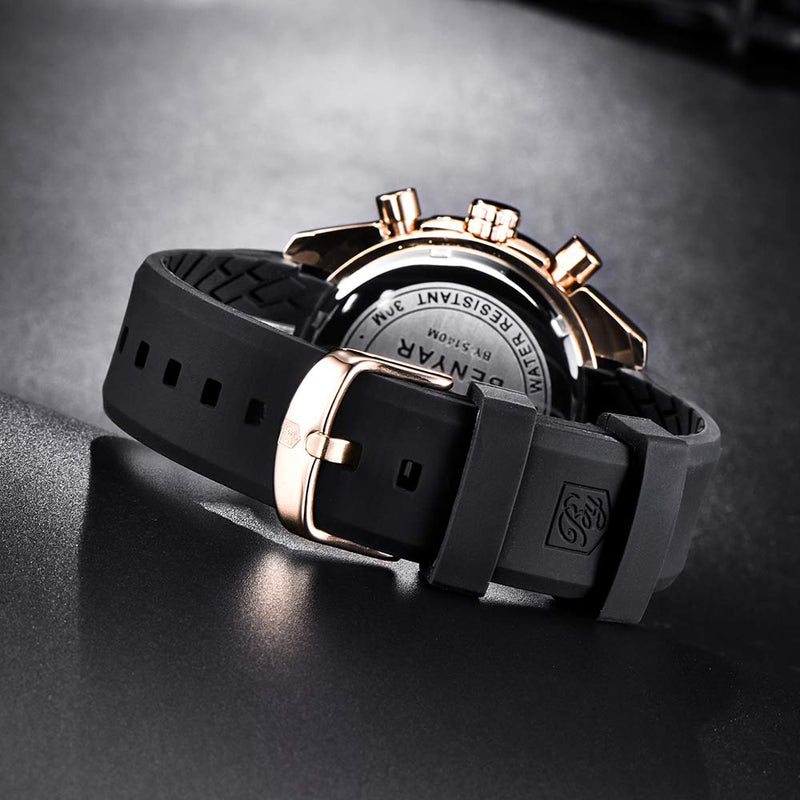 [Australia] - BENYAR - Stylish Wrist Watch for Men, Genuine Silicone Strap Watches, Perfect Quartz Movement, Waterproof and Scratch Resistant, Analog Chronograph Quartz Business Watches Black 
