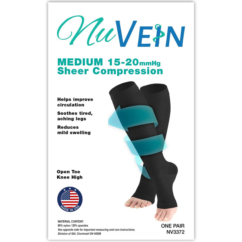 [Australia] - NuVein Sheer Compression Stockings, 15-20 mmHg Support, Fashionable Medium Denier, Knee High, Open Toe, Black, Large Large (1 Pair) 