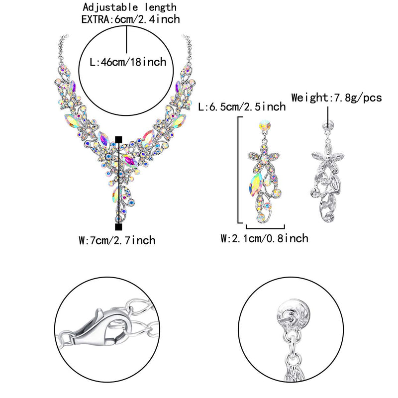 [Australia] - Flyonce Crystal Floral Jewelry Set for Women Flower Leaf Vine Necklace Earrings Set for Wedding Iridescent Clear AB 