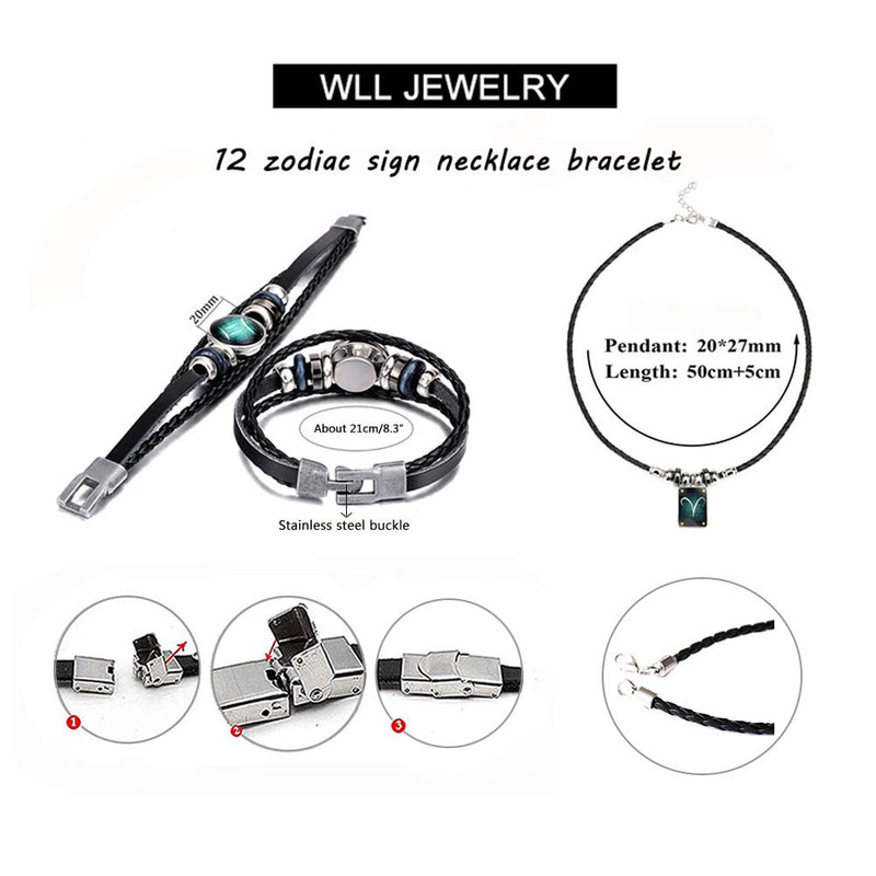 [Australia] - WLLAY Retro 12 Constellations Beaded Hand Woven Leather Bracelet and Rectangle Pendant Necklace Zodiac Sign Jewelry Set Taurus 