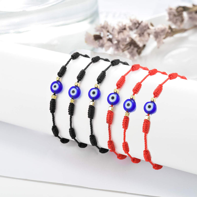 [Australia] - (Ver.3) Tarsus Evil Eye 7 Knot Lucky Bracelets Adjustable Red String Amulet for Women Men Little Girls & Boys Black & Red 