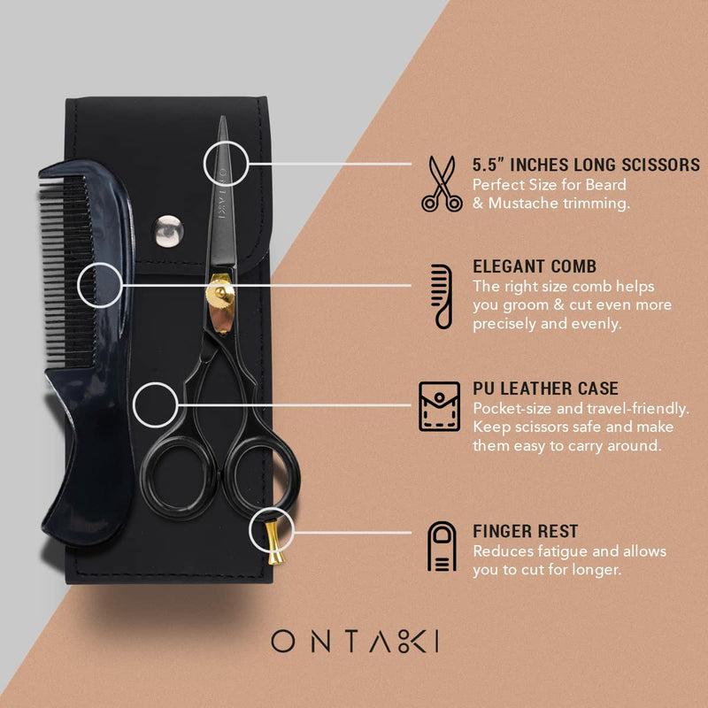 [Australia] - ONTAKI Beard Moustache Scissors 5.5" Professional Japanese Steel Comb, Carrying Pouch Beard Mustache Trimming Hand Forged Bevel Edge Precision Men Facial Hair Grooming Kit Body Facial Hair Black Gold 5.5" Black 