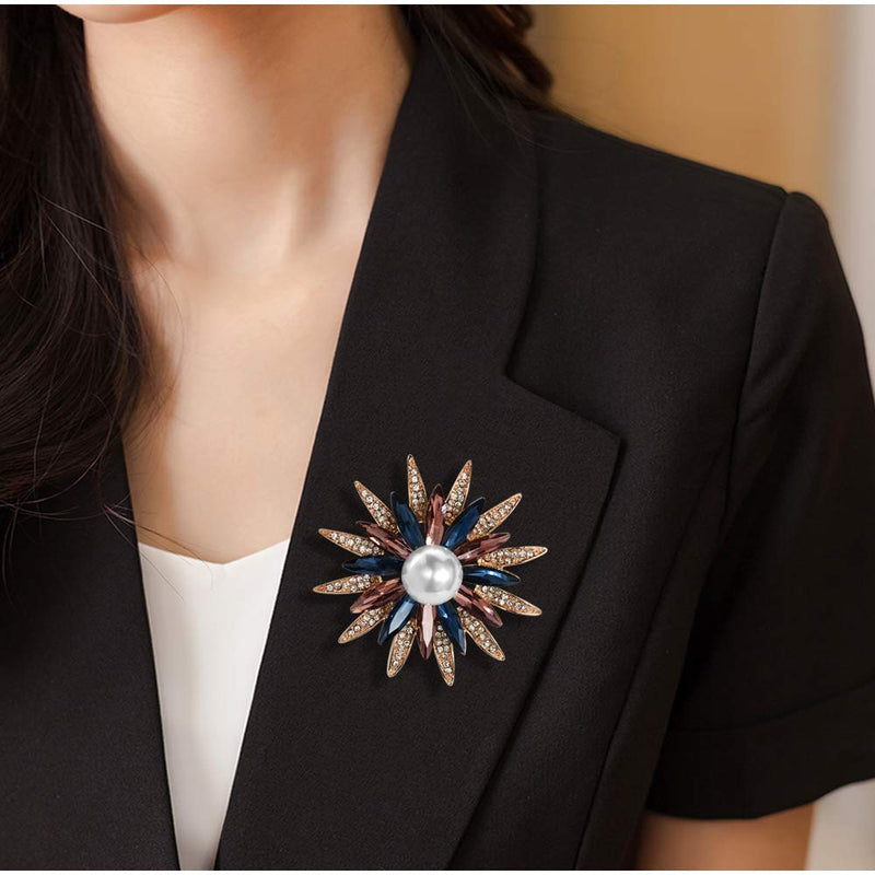 [Australia] - Mamfous Austrain Crystal Geometry Flower Brooch Pins with Simulated Pearl Bouquet Jewelry Accessories for Women rose gold 