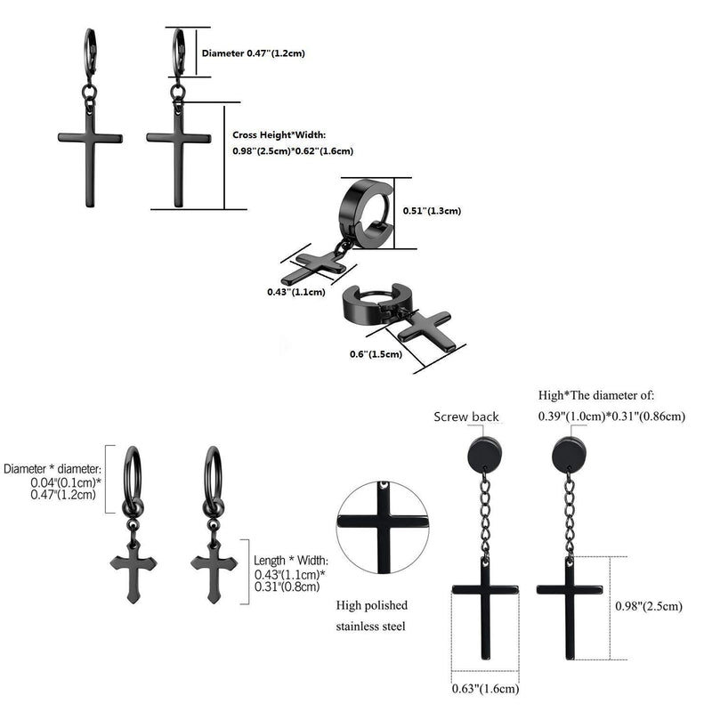 [Australia] - JewelryWe 4 Pairs Cross Earrings,Stainless Steel Hinged Hoop Cross Dangling Stud Earrings for Men Women(Black) 